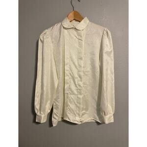 Vintage Womens Top Size 8 Cream Floral Satin Puff Sleeve Victorian Prairie 80s